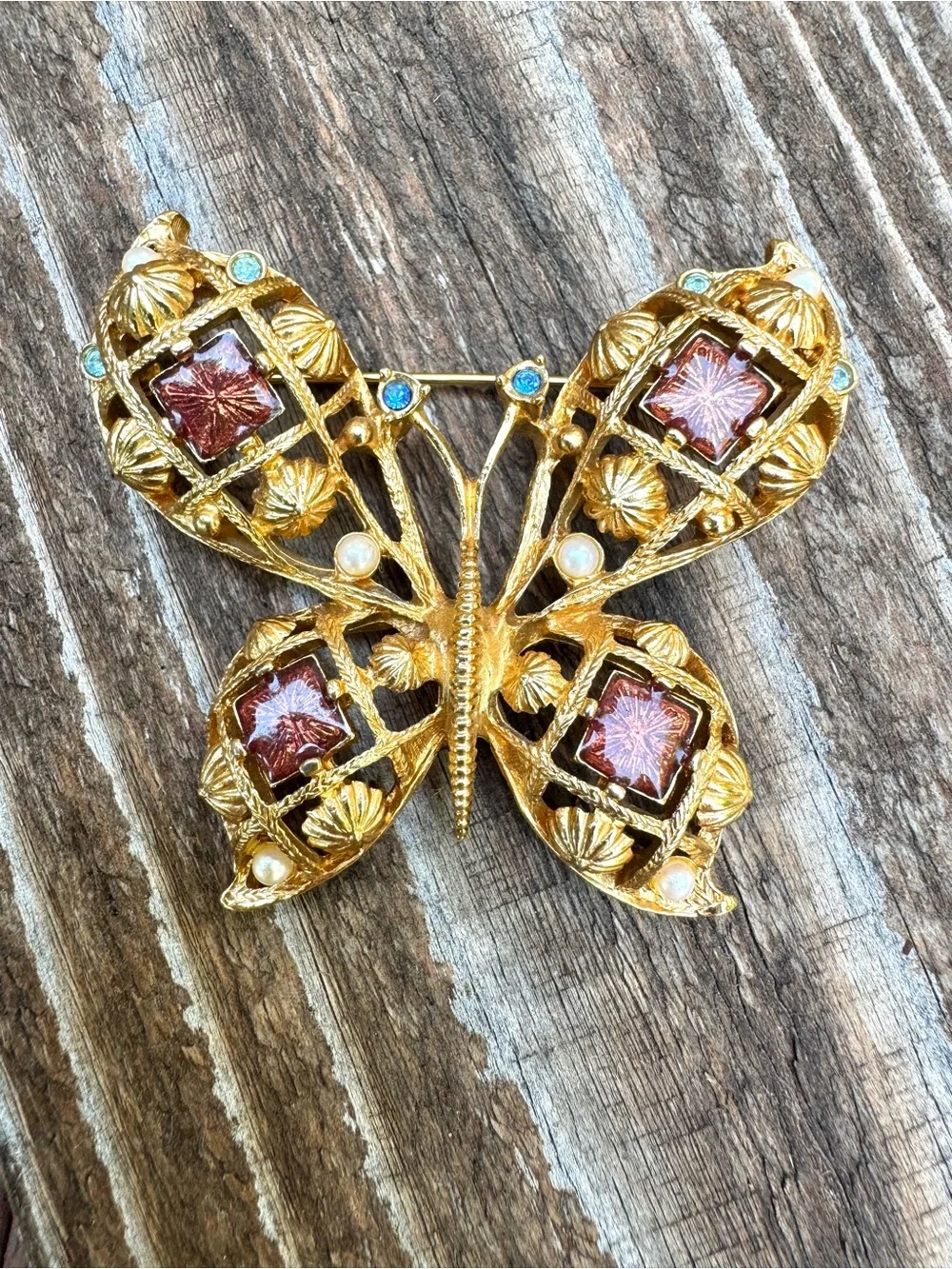 AVON Vintage Gold-tone Enamel, Faux Pearl & Crystal Rhinestone Butterfly Brooch
